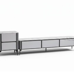 Bộ kệ tivi KTKD913-200-2 và tủ đứng đồng bộ, chụp góc nghiêng trên nền trắng tinh. Kệ tivi dài với ba ngăn kéo màu xám ghi…