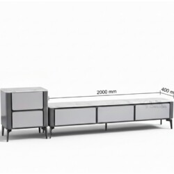 Kệ tivi KTKD913-200-2 màu xám ghi với mặt đá phiến vân trắng, hiển thị rõ kích thước tổng thể 2000x400x420 mm. Hình ảnh mi…