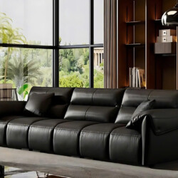 Sofa băng SF-S9018 màu đen, chụp ngang từ góc hơi chếch, đặt trong phòng khách hiện đại. Ghế có thiết kế tối giản với các…