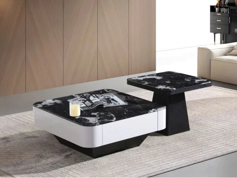 Bàn trà đôi XJ24182B/2506 phong cách hiện đại, chụp từ góc chếch, đặt trong không gian phòng khách sang trọng. Bàn lớn hìn…