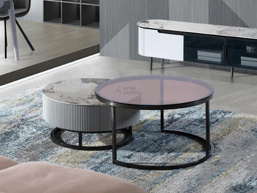 Bàn trà sofa gỗ hình tròn đôi mặt đá granite sang trọng phòng khách