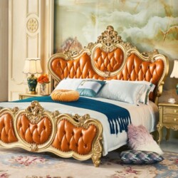 Giường ngủ tân cổ điển GIB12-18 được chụp chính diện trong một phòng ngủ sang trọng. Giường nổi bật với phần đầu và đuôi g…