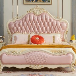 Giường ngủ PRINCESS ÉLODIE với phiên bản bọc da màu hồng phấn, đầu giường chần nút và đuôi giường bọc da tương đồng. Giườn…