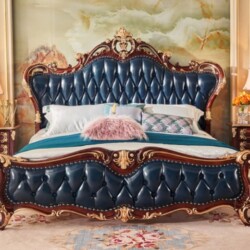 Giường ngủ tân cổ điển GIB22-18 chụp chính diện, nổi bật với đầu giường và đuôi giường bọc da màu xanh navy chần nút sang…
