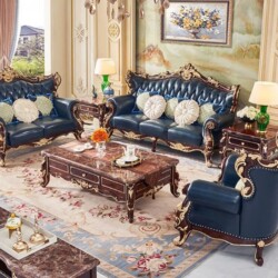 Bộ sofa tân cổ điển SB932-123 chụp từ góc trên cao, gồm một sofa băng ba, một băng đôi và một ghế đơn, bọc da xanh đậm. Kh…
