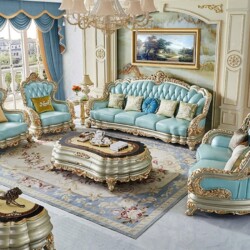 Bộ sofa tân cổ điển màu xanh ngọc bọc da, khung gỗ Sồi tự nhiên chạm khắc họa tiết dát vàng tinh xảo, đặt trong không gian…