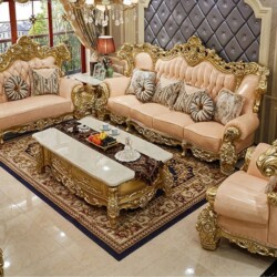 Bộ sofa tân cổ điển quý tộc gồm một băng ba, một băng đôi và một ghế đơn, được chụp từ góc hơi cao trong không gian phòng…