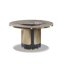 Bàn ăn tròn BAQT166-150 được chụp chính diện trên nền trắng, nổi bật với mặt đá phiến màu nâu xám vân tự nhiên và mâm xoay…