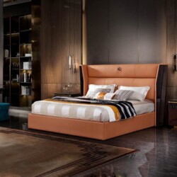 Giường ngủ 2M Sang Trọng GIGD03-20 được đặt trong một phòng ngủ phong cách luxury, chụp từ góc chéo. Giường có đầu giường…