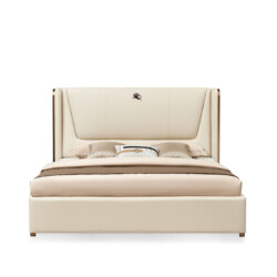 Giường ngủ bọc da cỡ lớn GIQF801-20 được chụp chính diện trên nền trắng, nổi bật với đầu giường cao, bọc da màu kem chia ô…