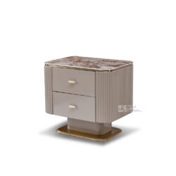 Tủ đầu giường TA8801 phong cách Luxury, chụp góc chếch từ phía trước bên phải, nổi bật mặt đá Pandora vân nâu xám và thân…
