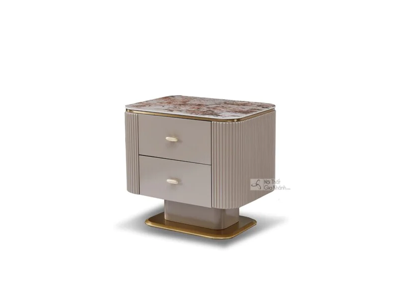 Tủ đầu giường TA8801 phong cách Luxury, chụp góc chếch từ phía trước bên phải, nổi bật mặt đá Pandora vân nâu xám và thân…