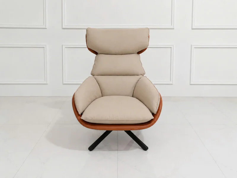 Ghế thư giãn SY-031 phong cách hiện đại, chụp chính diện hơi chếch, nổi bật với phần đệm bọc vải nội thất cao cấp màu be n…