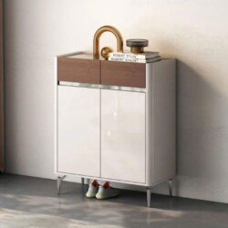 Tủ giày hiện đại TDY301 được chụp chính diện, hơi chếch sang phải, nổi bật với thiết kế tối giản. Tủ có hai cánh màu trắng…