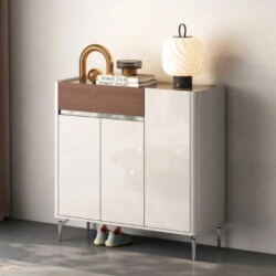 Tủ giày gỗ hiện đại TDY302-10 được chụp chính diện, đặt trong không gian tiền sảnh tối giản. Tủ có thiết kế hình hộp chữ n…