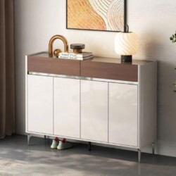 Tủ giày hiện đại TDY304-14 được chụp chính diện, đặt trong không gian tiền sảnh với tông màu sáng. Tủ có thiết kế hai tầng…