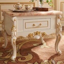 Bàn trà góc tân cổ điển BG-007 màu trắng ngọc trai, mặt đá hồng ngọc long nhân tạo vân tự nhiên. Chân bàn gỗ sồi tự nhiên…