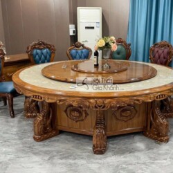 Bàn ăn tròn lớn BA02-22 phong cách tân cổ điển, khung gỗ mun Nam Phi chạm khắc hoa văn tinh xảo, mặt bàn đá cẩm thạch tự n…