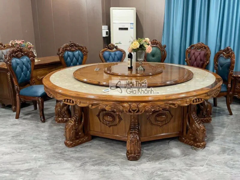 Bàn ăn tròn lớn BA02-22 phong cách tân cổ điển, khung gỗ mun Nam Phi chạm khắc hoa văn tinh xảo, mặt bàn đá cẩm thạch tự n…