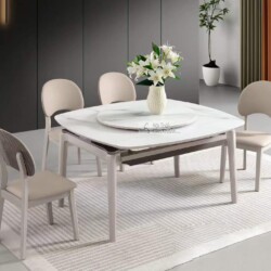 Bộ bàn ăn thông minh BA102-13 được chụp từ góc hơi chếch, cho thấy mặt bàn đá phiến hình chữ nhật bo tròn màu trắng vân mâ…