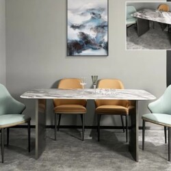 Bàn ăn mặt đá hiện đại BAQ21-16 được chụp chính diện trong không gian phòng ăn tối giản. Bàn có mặt đá siêu pha lê màu trắ…