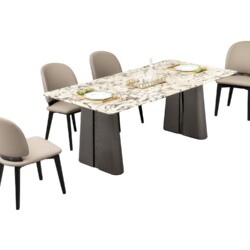 Toàn cảnh bộ bàn ăn mặt đá chữ nhật và 6 ghế ăn bọc da/nỉ màu be, chụp từ góc ngang thấp trên nền trắng. Bàn có mặt đá vân…