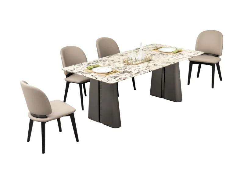 Toàn cảnh bộ bàn ăn mặt đá chữ nhật và 6 ghế ăn bọc da/nỉ màu be, chụp từ góc ngang thấp trên nền trắng. Bàn có mặt đá vân…