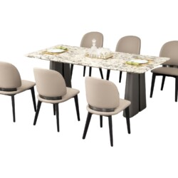 Bộ bàn ăn hiện đại gồm bàn mặt đá chữ nhật và 6 ghế ăn bọc da/nỉ màu be, chụp từ góc cao trên nền trắng. Mặt bàn đá vân tự…