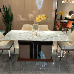 Bộ bàn ăn mặt đá phiến sang trọng BBQT228-22 được chụp chính diện trong không gian showroom của Nội Thất Gia Khánh. Bàn ăn…