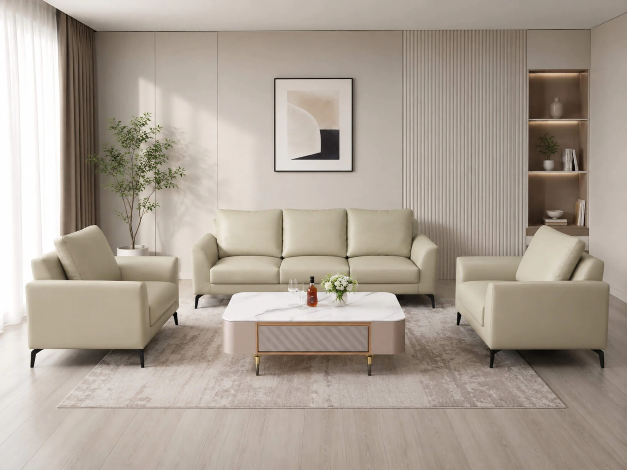 Bộ sofa Matera E001-113 da Nano màu kem nhạt, gồm một ghế băng dài, một ghế băng nhỏ và một ghế đơn, được bố trí trong phò…