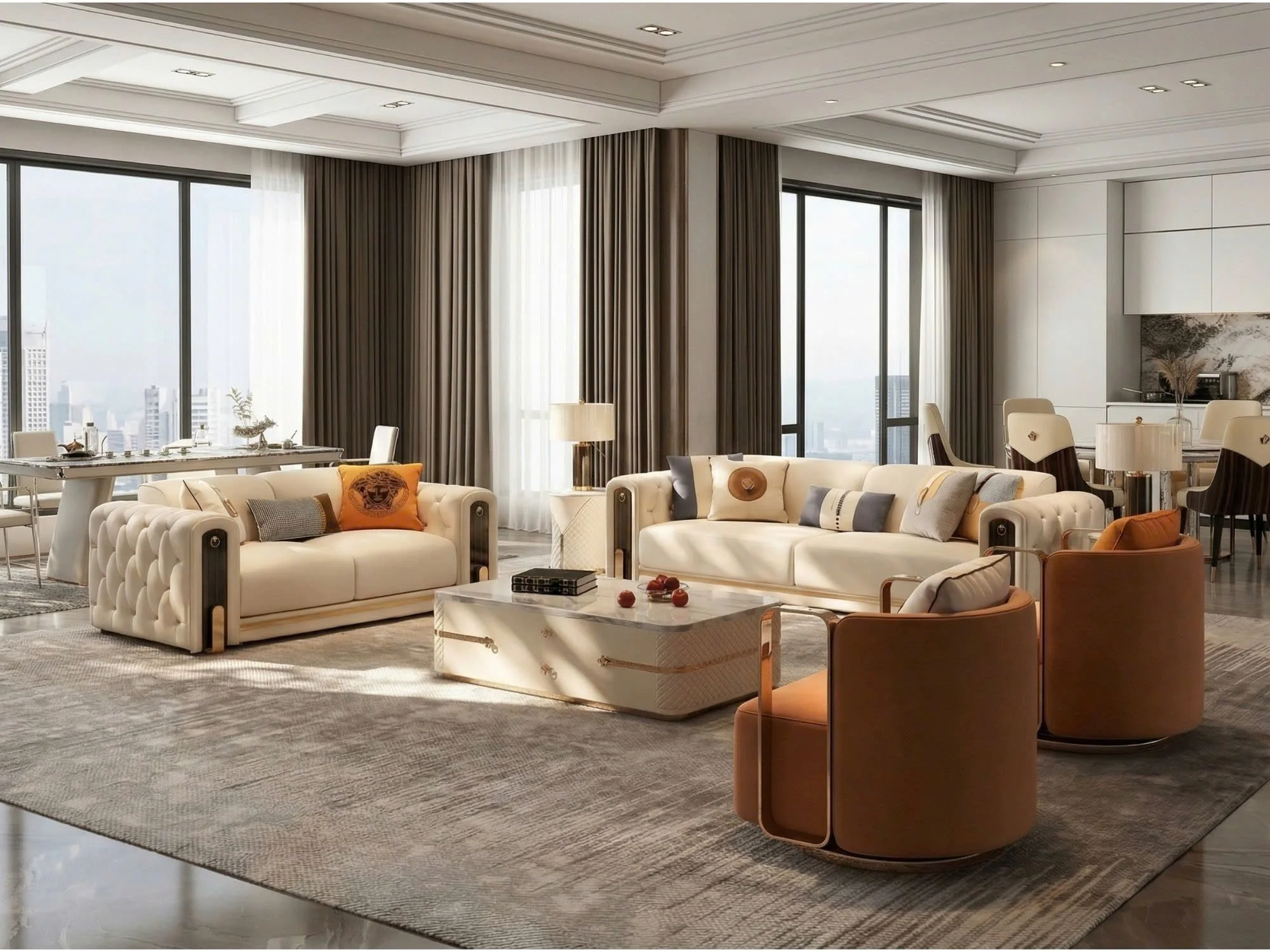 Toàn cảnh không gian phòng khách luxury rộng rãi, bộ sofa SBQ016 màu kem nhạt và nâu cam được bố trí hài hòa. Sofa băng dà…