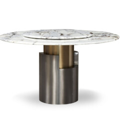 Bàn ăn tròn BAQT226-135 chụp chính diện trên nền trắng, làm nổi bật thiết kế sang trọng. Mặt bàn đá cẩm thạch tự nhiên màu…