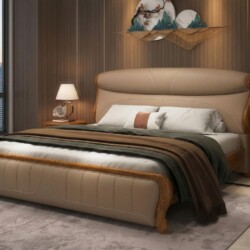 Giường ngủ gỗ mun bọc da GIW189-18 được chụp ở góc ngang, hơi chếch, làm nổi bật thiết kế hiện đại và sang trọng. Đầu giườ…