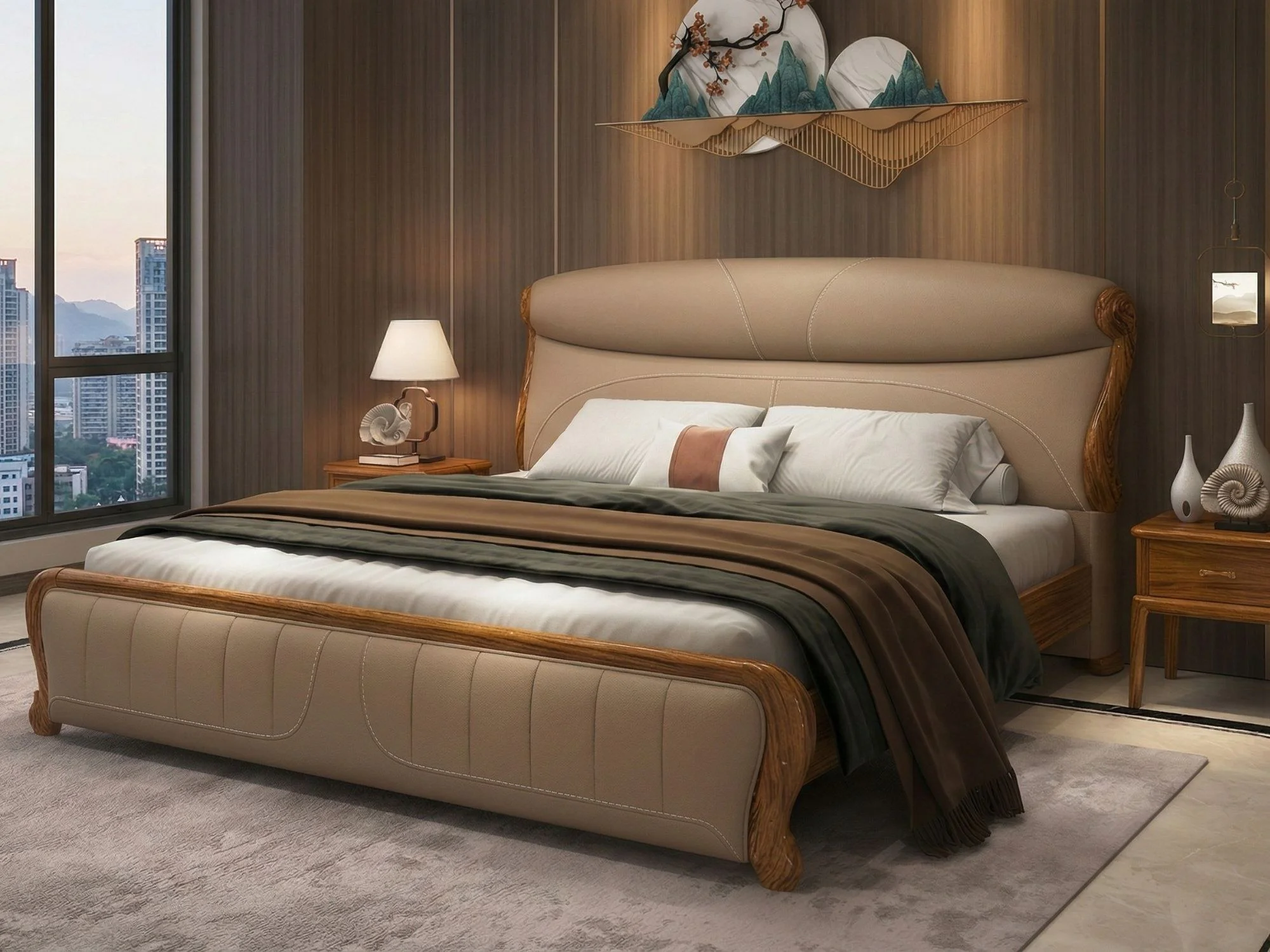 Giường ngủ gỗ mun bọc da GIW189-18 được chụp ở góc ngang, hơi chếch, làm nổi bật thiết kế hiện đại và sang trọng. Đầu giườ…