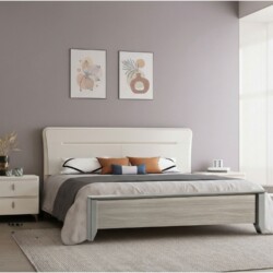 Giường ngủ đôi hiện đại GI6801-18 cùng hai tủ đầu giường được chụp chính diện trong phòng ngủ tông màu xám tím nhạt. Giườn…