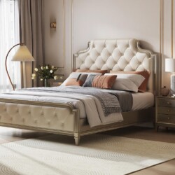 Giường ngủ 2m phong cách Mỹ GI618004-20 được chụp từ góc chính diện hơi chếch, nổi bật đầu giường và đuôi giường bọc da nh…