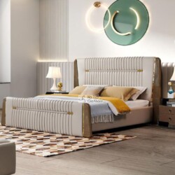 Giường ngủ bọc da luxury GIGD16-18 được chụp từ góc hơi chếch bên phải, nổi bật phần đầu giường cao, bo cong mềm mại với c…