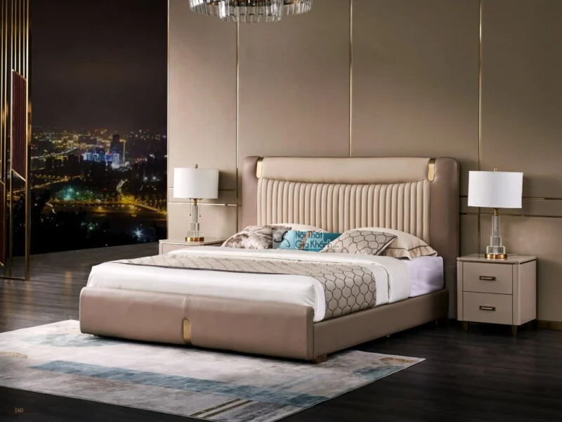 Giường ngủ WINGA Luxury GIQF285-18 đặt trong phòng ngủ sang trọng, góc chụp rộng, thể hiện tổng thể thiết kế hiện đại với…