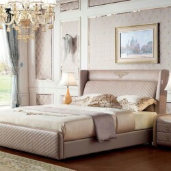 Giường ngủ bọc da hiện đại GIQF217-18 được chụp từ góc hơi chếch bên phải, nổi bật với đầu giường bo cong sang trọng và ph…