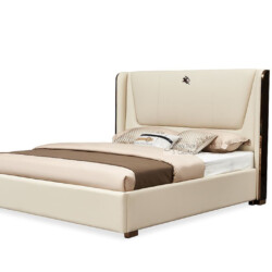 Giường ngủ bọc da luxury GIQF801-18, chụp chính diện hơi nghiêng trên nền trắng. Đầu giường cao, bo cong mềm mại, bọc da s…