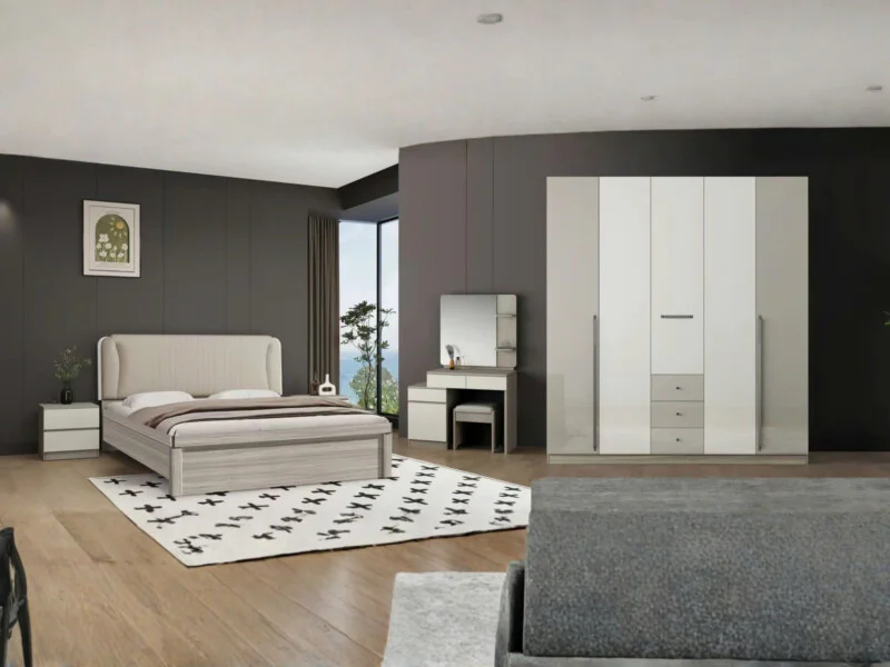 Toàn cảnh một phòng ngủ hiện đại với bộ nội thất đồng bộ. Giường ngủ 1m8 có đầu giường bọc da màu be, thân giường vân gỗ n…
