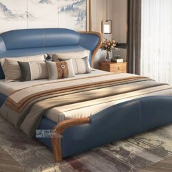Giường ngủ GIC906-18 được chụp chính diện trong không gian phòng ngủ hiện đại. Đầu giường bọc da bò tự nhiên màu xanh dươn…