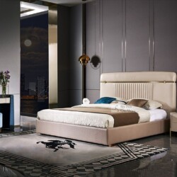 Giường ngủ luxury GIQF283-18 được chụp từ góc chính diện, nổi bật với đầu giường bọc da bò tự nhiên màu kem/be, có các đườ…