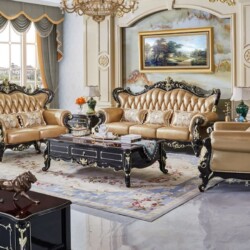Bộ sofa tân cổ điển SB826-123 chụp trong phòng khách. Gồm ghế đơn, đôi, ba, khung gỗ Sồi đen bóng chạm khắc vàng đồng. Đệm…
