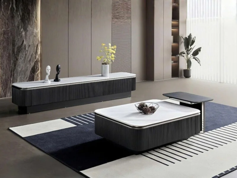 Bộ bàn trà đôi và kệ tivi hiện đại BTKT8177 chụp chính diện trong phòng khách. Bàn trà lớn hình chữ nhật mặt đá thạch anh…