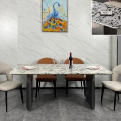 Bàn ăn mặt đá cao cấp BATYG-639-18 được chụp chính diện trong không gian phòng ăn hiện đại. Mặt bàn hình chữ nhật bằng đá…