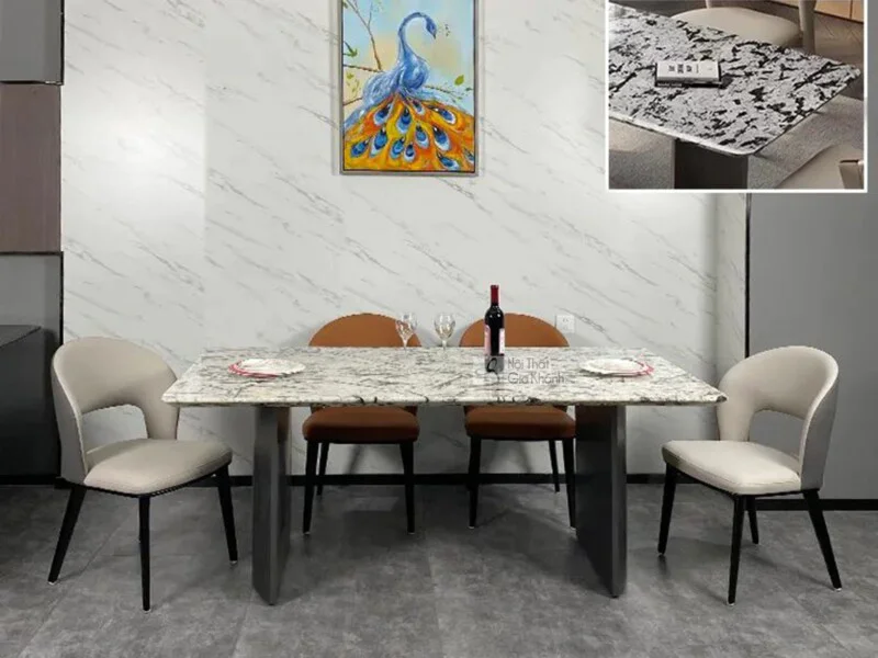 Bàn ăn mặt đá cao cấp BATYG-639-18 được chụp chính diện trong không gian phòng ăn hiện đại. Mặt bàn hình chữ nhật bằng đá…