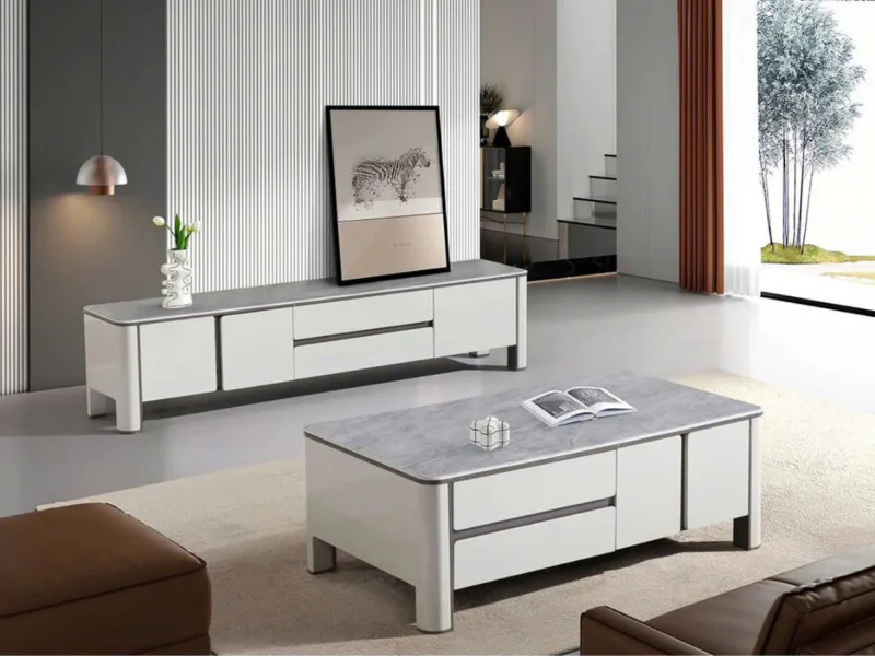 Bàn trà hiện đại BT2519-13 và kệ tivi đồng bộ được đặt trong không gian phòng khách sang trọng. Bàn trà hình chữ nhật với…