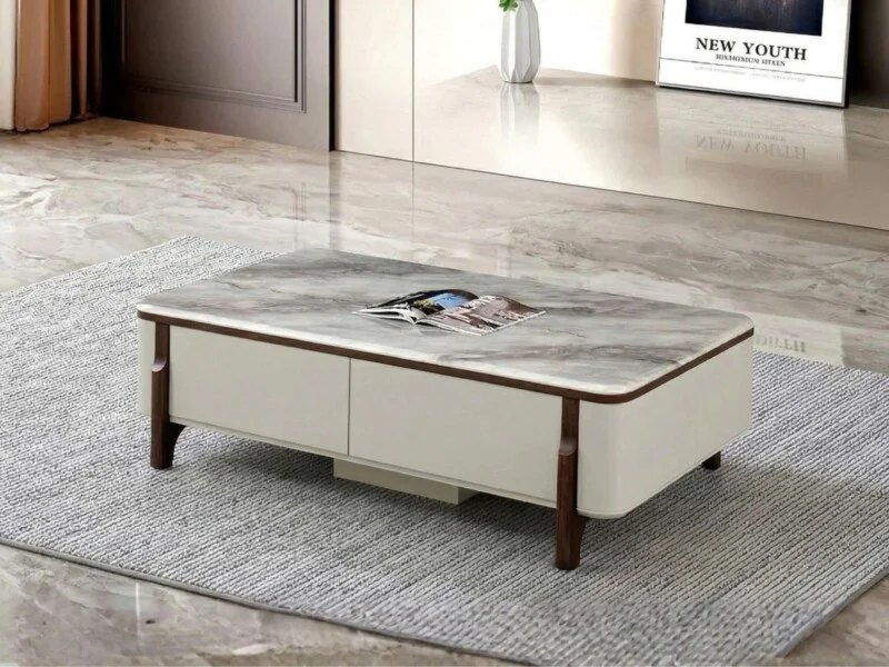 Bàn trà mặt đá BT-C6-1400 chụp cận cảnh từ góc trên xuống, nổi bật mặt đá siêu tinh thể vân xám trắng sang trọng. Thân bàn…