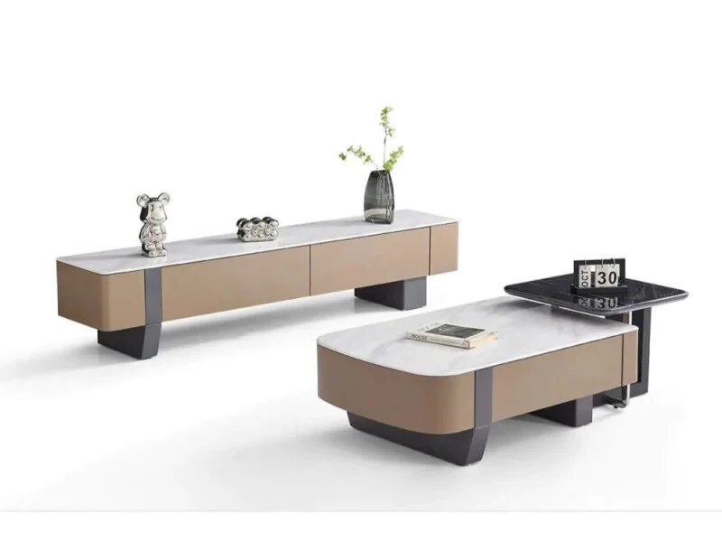 Bộ bàn trà và kệ tivi BTKT6200 được chụp toàn cảnh trên nền trắng, thể hiện rõ thiết kế hiện đại và sang trọng. Bàn trà có…